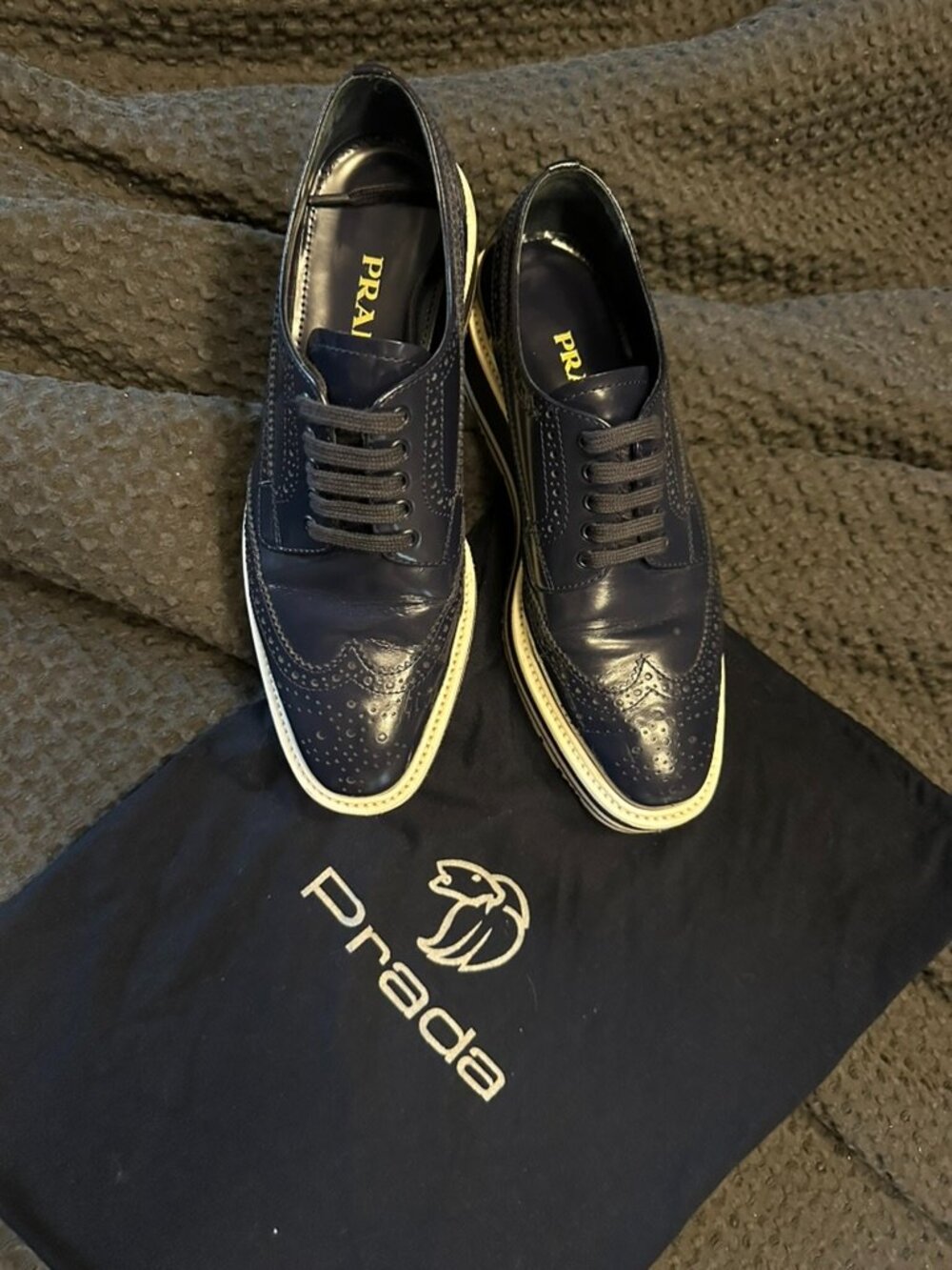 Prada Blue Patent Leather Wingtip Brogue Platform Derby Shoes Size 7